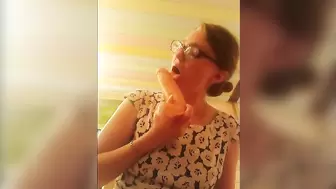Nerdy Girl in Glasses Sucking Dildo and Fucking Wet Pussy in Summer Dress