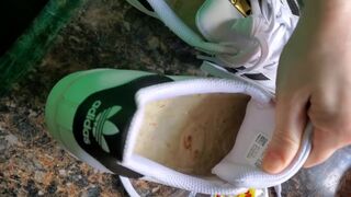 My Foot sub Enjoys my TRAMPLED Bread & Tortilla Sweaty Soles W/my Adidas Superstars & Barefeet!!