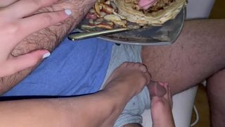 eating chicken and waffles while getting footjob by skinny Muslim Pakistani slut