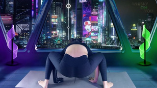 Sensual yoga in front of a window to the metaverse