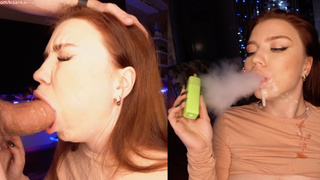 She smokes and BLOWS my prick! And then I COVER her FACE with CUM! JUST LOOK how happy she is!