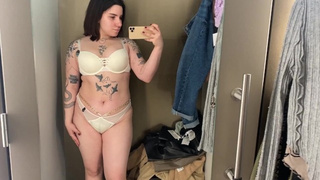 Tattooed sweety mesh clothes try on haul in a fitting room