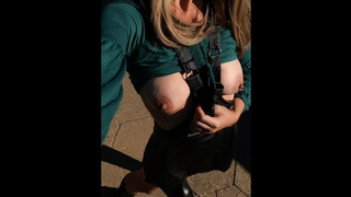 Natural Saggy Melons & Leather boots public outdoor Tease