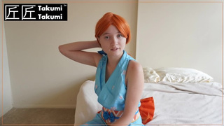 Innocent and shy 18 year mature Serena cosplays Wano Nami from cartoon 1 Piece. AMWF