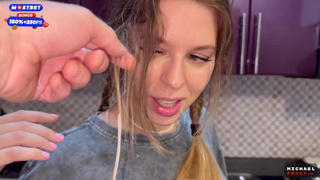 The flatmate-chick doesn't mind periodic fucking in the kitchen and get jizz in her mouth and pigtails