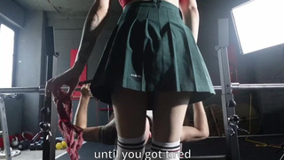 Nerdy chick PEGGING personal trainer