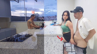 Fucking charming ex-wife in the kitchen until she climax, while the cuck washes the dishes