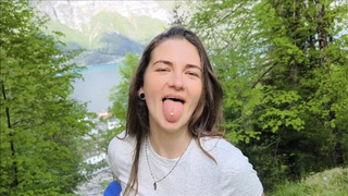 Nasty hiker loves a cream-pie snack in her mouth when traveling