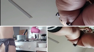 Sweet ex-wife naked preparing food in the kitchen. Brunette hairy twat, massive bum, huge boobies.