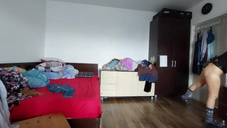 Attractive mom does housework naked. Charming Hispanic hairy snatch, huge melons, gigantic bum.