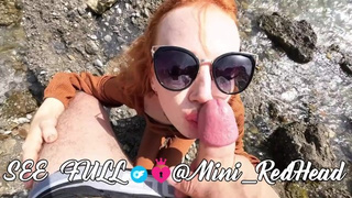 Naughty beach walk with bj and sperm on face and glasses