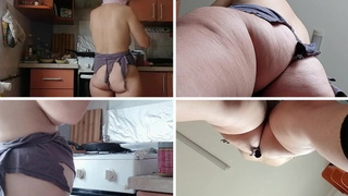 Home-made ex-wife prepares breakfast naked, hairy snatch, gigantic boobies.