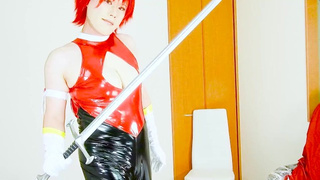 Chinese Cosplay Beauty Honey in Shiny PVC – Red & Dark Cosplay Action - Crossdressing