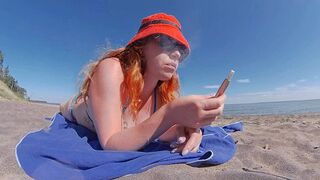 Redhead Ginger MILF Smoking Iqos Cigarette in Swimsuit on the Beach